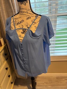 Express NWT  Light Blue Cold-Shoulder Blouse with Front-Covered Buttons